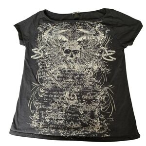 Hot‎ Topic Vintage Y2K Winged Skull Graphic Tee Black Goth Punk Women's Large
